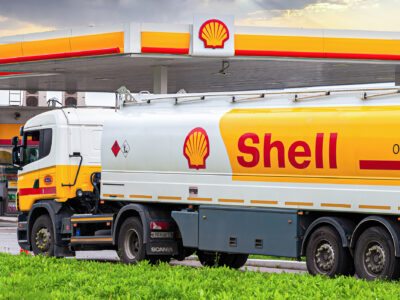 St. Petersburg, Russia - July 31, 2016: Shell Oil Truck at the gas station Shell in summer. Royal Dutch Shell or Shell is an Anglo-Dutch multinational oil and gas company
